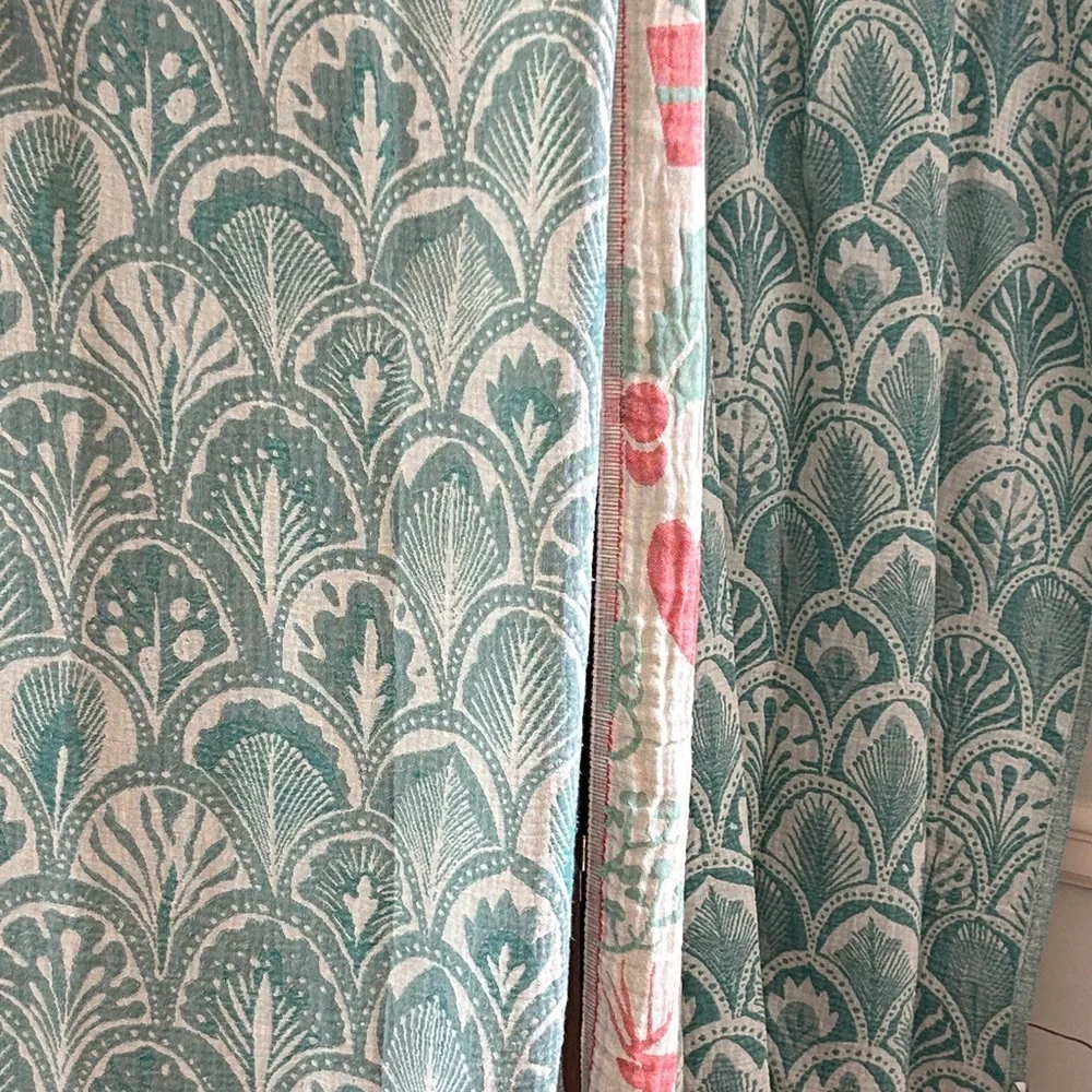 SUCCULENT Curtains Teal Green Ecru White Loom Weave Organic Cotton 2 Side New
